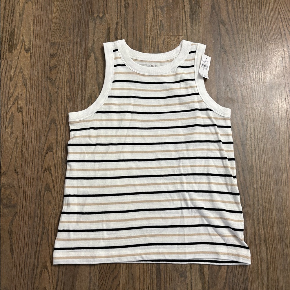NWT LOFT Outlet White Tank Top with Black and Tan Stripes